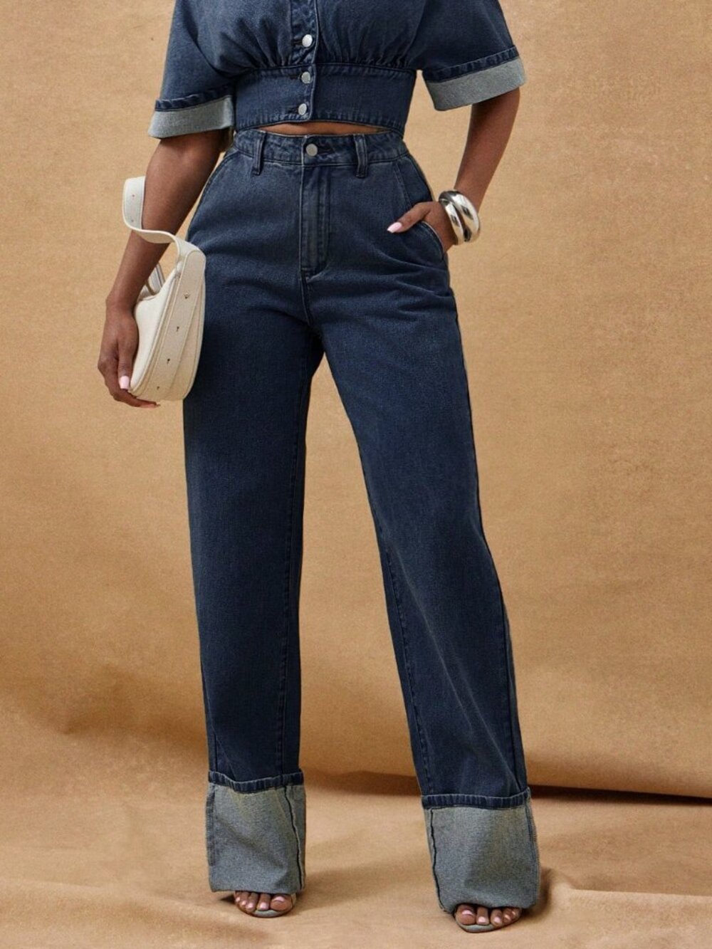 Dark Wash Casual Women's Button Pocket Denim Jeans - Picture 3 of 5